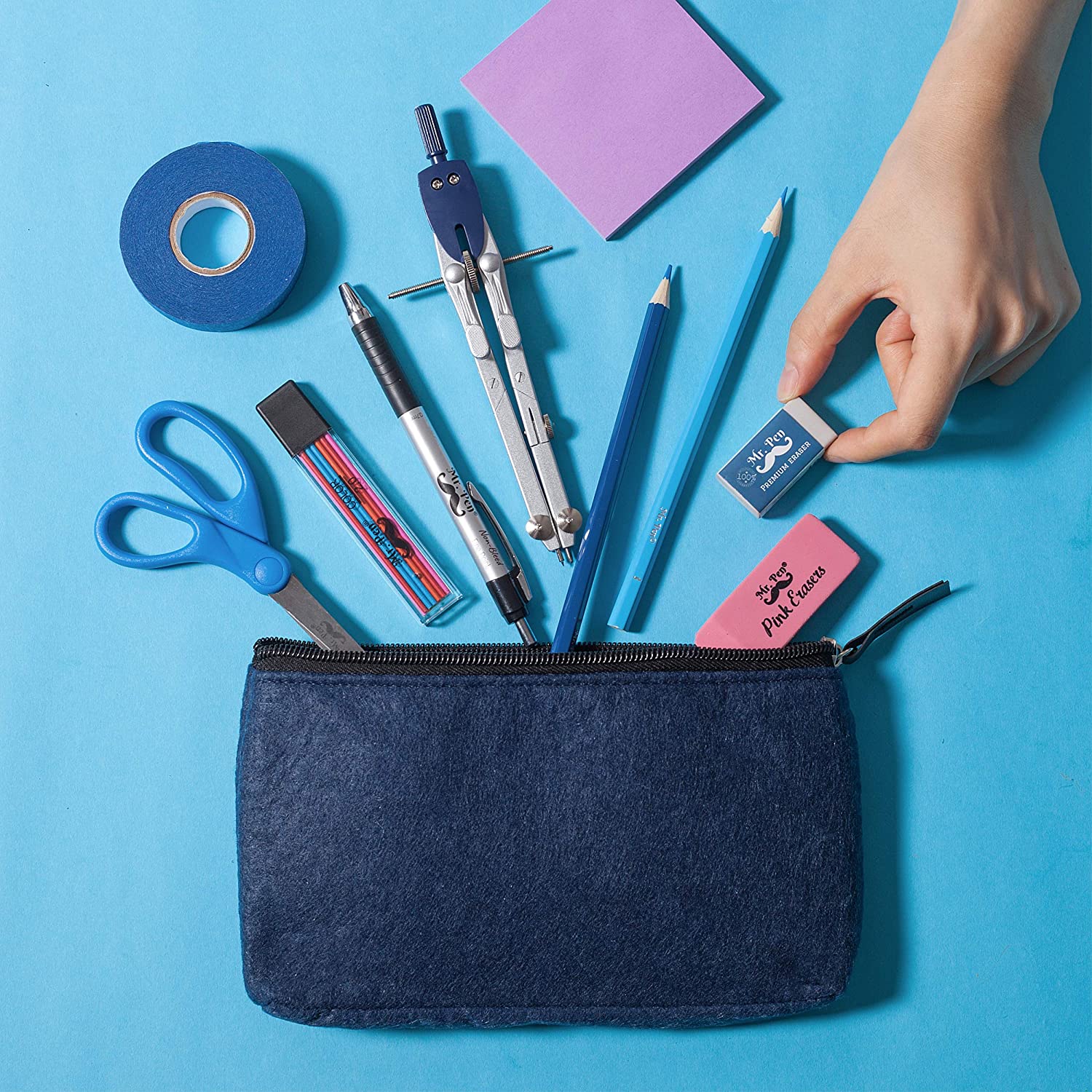Mr. Pen- Pencil Case, Pencil Pouch, 3 Pack, Blue, Felt Fabric Pencil Case